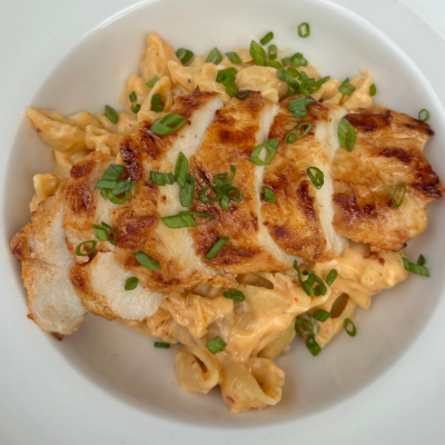 Orange Gochujang Chicken with Kimchi Mac & Cheese